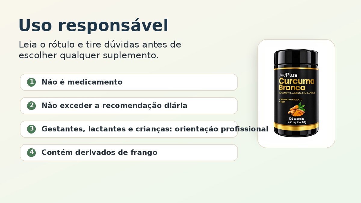 Pote correto do Cúrcuma Branca AWPlus e cuidados de uso responsável